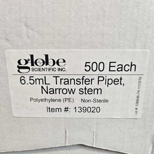 Globe Scientific Transfer Pipet 6.5 ml Narrow Stem PE Pack of 500 Pipettes Pipettes & Pipette Tips Globe Scientific