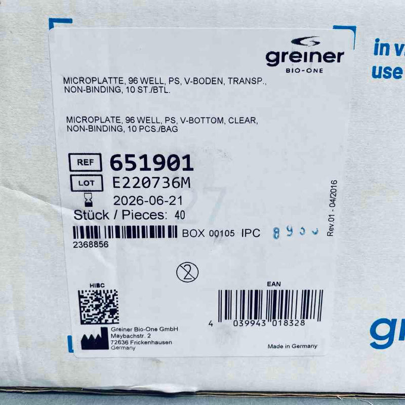 Greiner Bio-One Microplate 96 Well Polystyrene V-Bottom Case of 40 Plates Petri Dishes/Culture Plates Greiner Bio-One