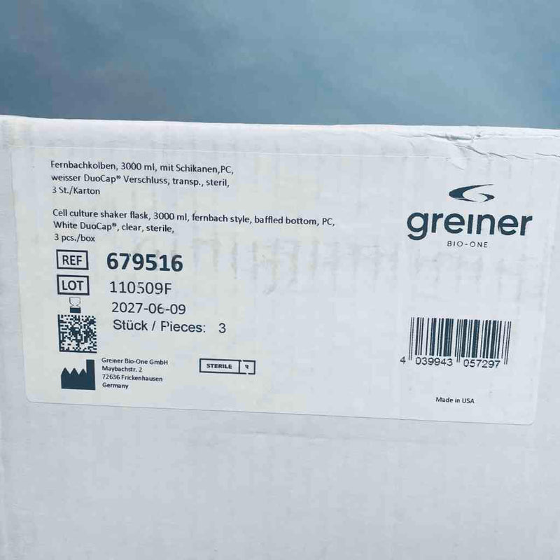 Greiner Bio-One Shaker Flask 3000 ml DuoCap PC Case of 3 Flasks Lab Culture Flask Griener Bio-One