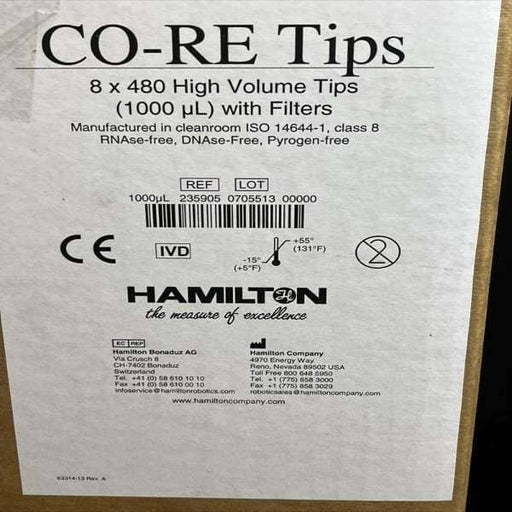 Hamilton CO-RE Pipette Tips 1000 ul Filter Conductive 40 Racks with 96 Tips Each Pipettes & Pipette Tips Hamilton