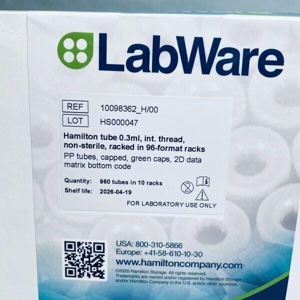 Hamilton Tube 0.3 ml Internal Thread Green Cap 10 Racks with 96 Tubes Each Lab Consumables::Tubes, Vials, and Flasks Hamilton