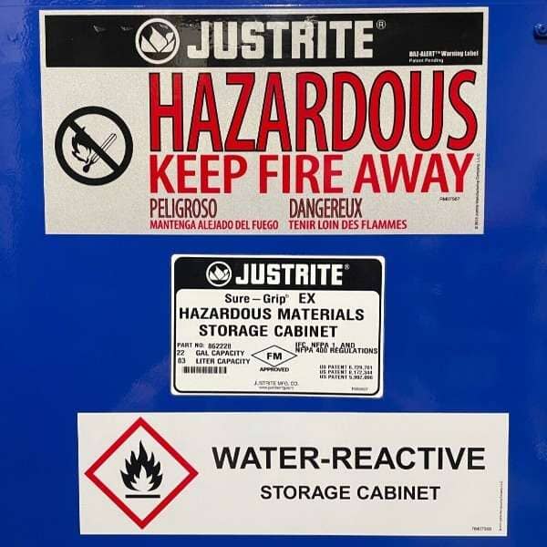 Justrite Hazardous Material Cabinet 22 Gallon 3 Shelf Single Door Blue Cabinet Lab Equipment: Other Lab Equipment Justrite