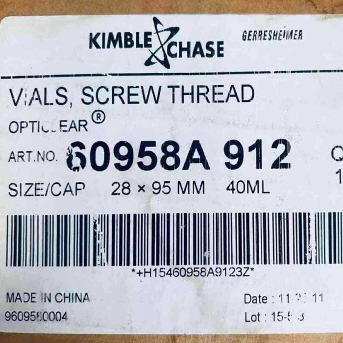 Kimble Chase Clear Glass Vial 40 ml 28 x 95 mm Screw Thread Lot of 122 Vials Vials Kimble Chase