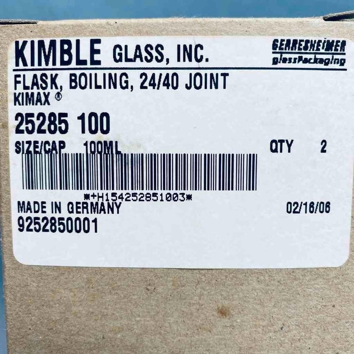 Kimble Kimax Boiling Flask 100 ml 24/40 Joint Set of 2 Flasks Jointed Glassware Kimax