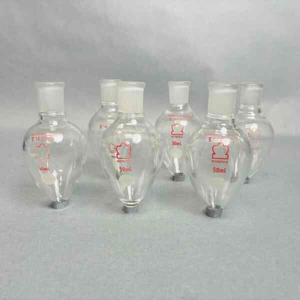 Kimble Kontes Bantam-Ware 50 ml Pear Shaped Boiling Glass 14/20 Standard Taper Joint Set of 6 Glassware Kimble Kontes