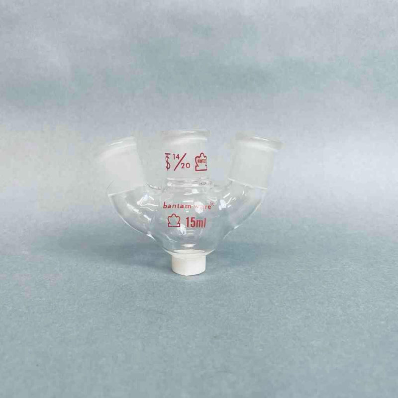 Kontes Bantam Ware 3-Neck 15 ml Round Bottom Flask 14/20 Joints Angled Jointed Glassware Kimble Kontes