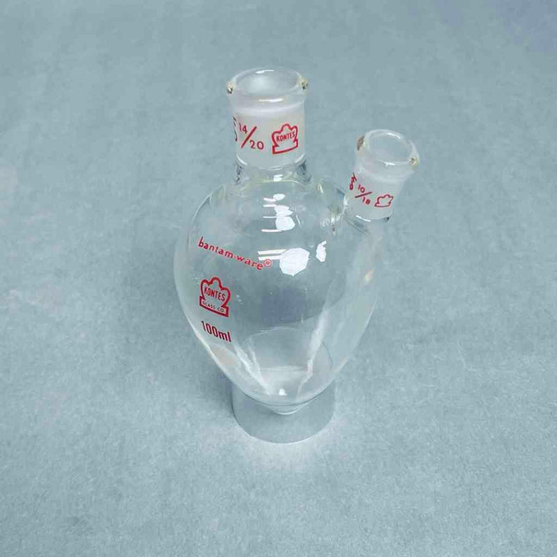 Kontes Pear Shaped Flask 2-Neck 100 ml Heavy Wall CN-14/20 SN-10/18 - Lot of 3 Flasks Jointed Glassware Kimble Kontes