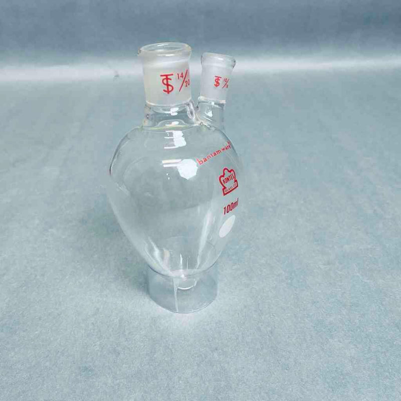 Kontes Pear Shaped Flask 2-Neck 100 ml Heavy Wall CN-14/20 SN-10/18 - Lot of 3 Flasks Jointed Glassware Kimble Kontes