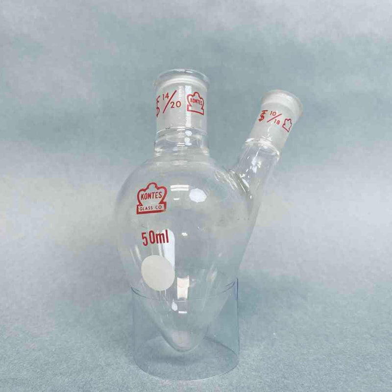 Kontes Pear Shaped Flask 2-Neck 50 ml Heavy Wall CN-14/20 SN-10/18 - Lot of 2 Flasks Jointed Glassware Kontes
