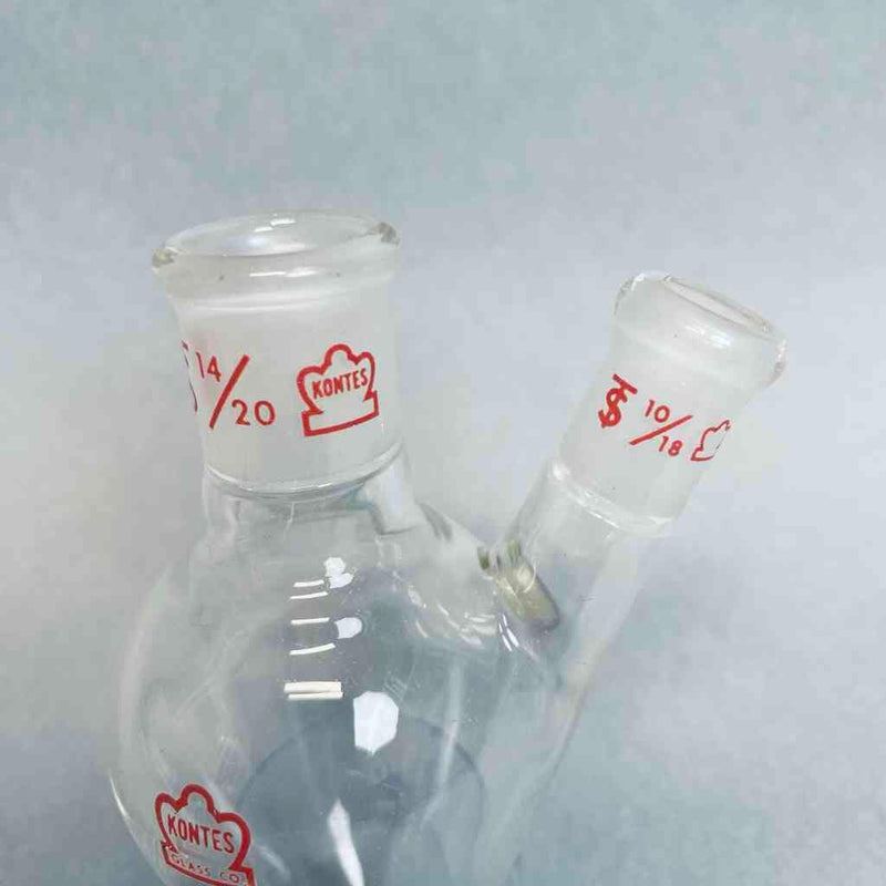 Kontes Pear Shaped Flask 2-Neck 50 ml Heavy Wall CN-14/20 SN-10/18 - Lot of 2 Flasks Jointed Glassware Kontes