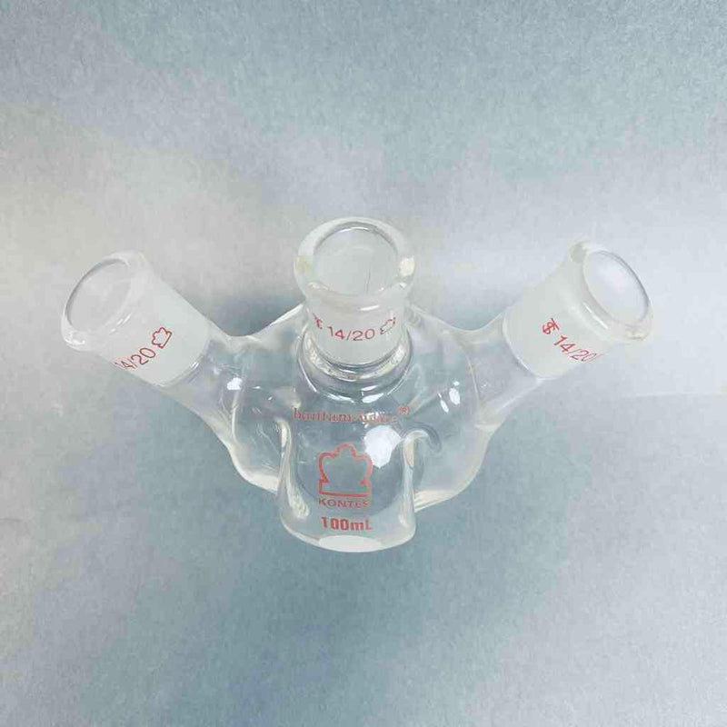 Kontes Round Bottom Flask 100 ml 3-Neck 14/20 Joints Angled with Morton Indents Jointed Glassware Kontes