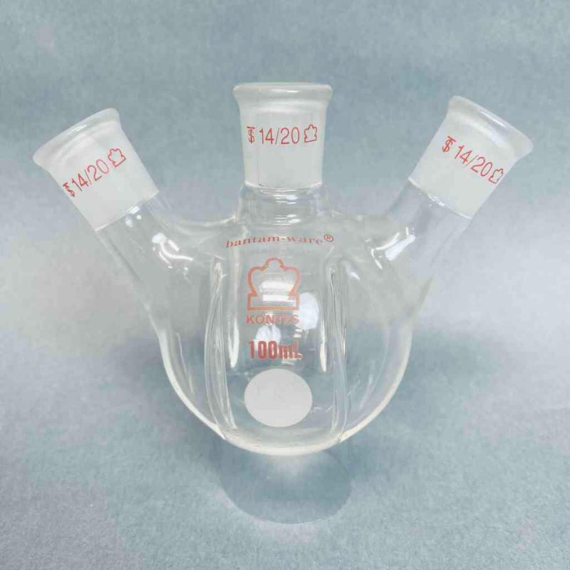 Kontes Round Bottom Flask 100 ml 3-Neck 14/20 Joints Angled with Morton Indents Jointed Glassware Kontes
