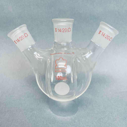 Kontes Round Bottom Flask 100 ml 3-Neck 14/20 Joints Angled with Morton Indents Jointed Glassware Kontes