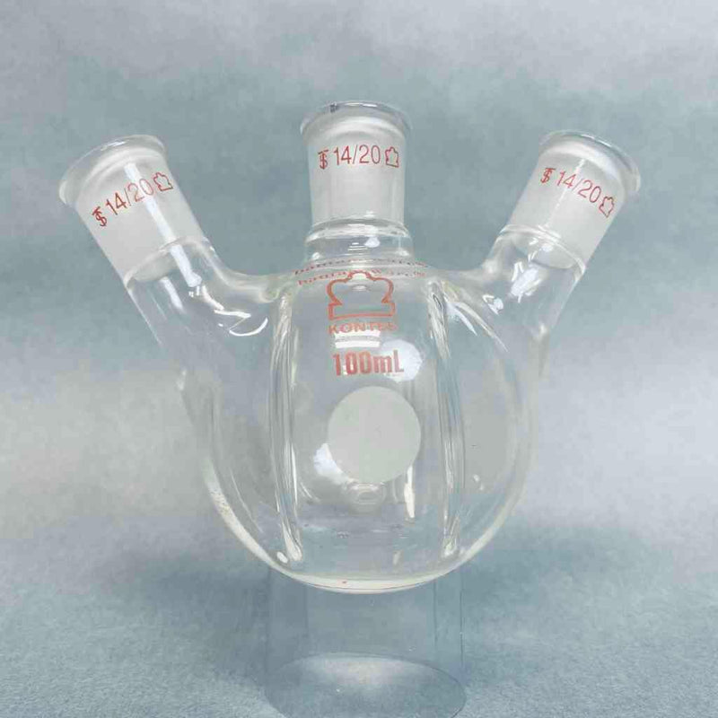 Kontes Round Bottom Flask 100 ml 3-Neck 14/20 Joints Angled with Morton Indents Jointed Glassware Kontes