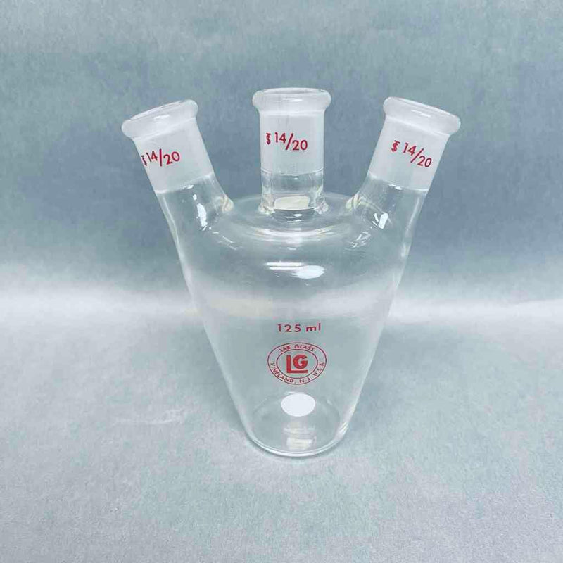 LabGlass European Style 3 Neck Flask 125 ml 14/20 Joints Lot of 2 Flasks Jointed Glassware Lab Glass