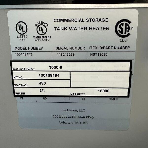 Lochnivar Commercial Hot Water Heater 480V 18kW Other Lochnivar