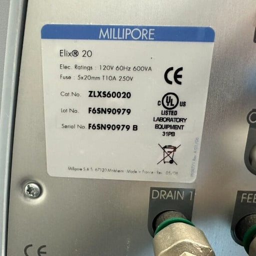 Millipore Elix 20 Water Purification System with Reservoir Tank Lab Equipment: Other Lab Equipment Millipore