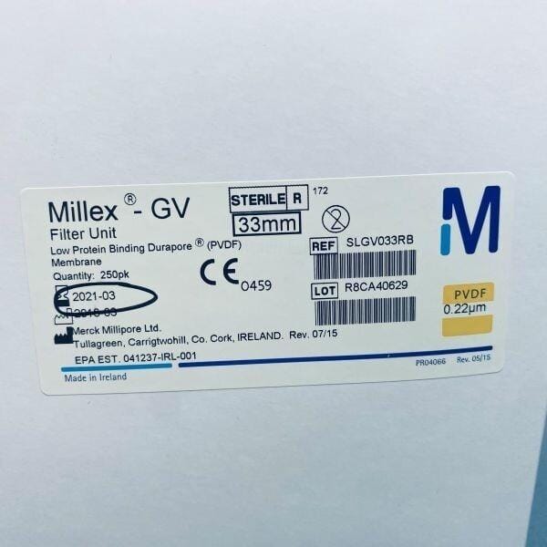 Millipore Millex-GV Syringe Filter Unit Sterile 0.22 um Pack of 247 Filters Filters Millipore