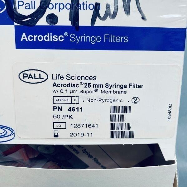 Pall Syringe Filter 0.1 um Acrodisc Supor Membrane 25 mm Diameter Pack of 49 Filters Pall