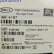 Pall Syringe Filter 0.2 um Supor Membrane PES 25 mm Diameter Box of 50 Filters Filters Pall