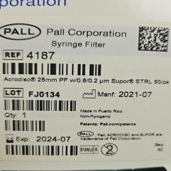 Pall Syringe Filter 0.2 um Supor Membrane PES 25 mm Diameter Box of 50 Filters Filters Pall
