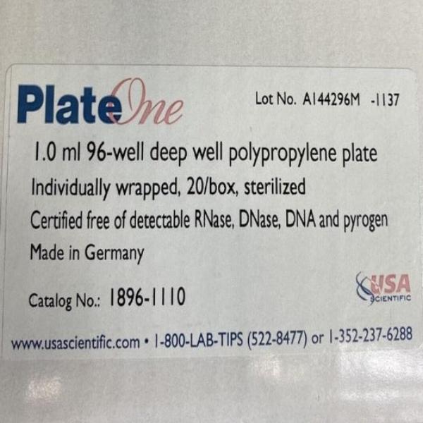 PlateOne Microplate 96 Well Deep Well PP Individually Sealed 10 Plates Lab Consumables::Storage and Culture Plates USA Scientific