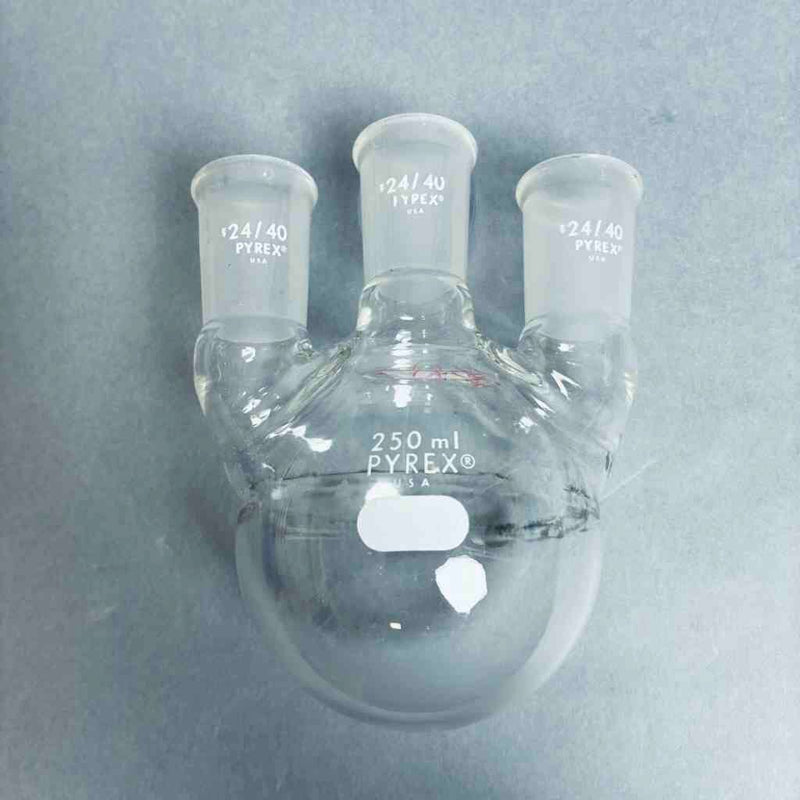 PYREX 250 ml Round Bottom Flask Vertical 3-Neck 24/40 Outer Joint - Lot of 2 Flasks Jointed Glassware Corning