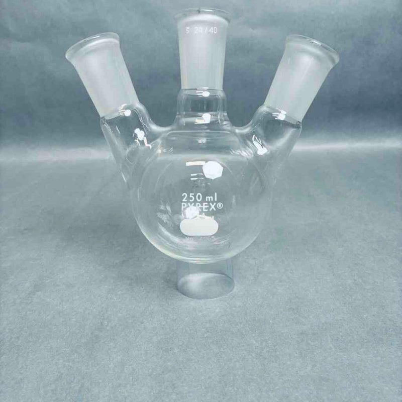 Pyrex Round Bottom Flask Angled 3-Neck 250 ml 24/40 Outer Joints - Lot of 2 Flasks Jointed Glassware Corning