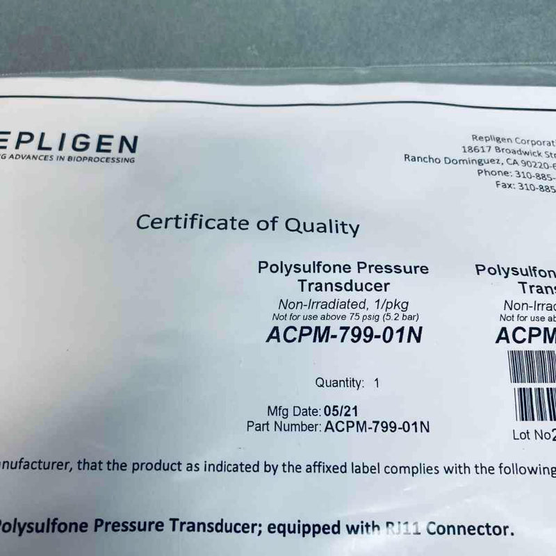Repligen Pressure Transducer Polysulfone Pack of 3 Transducers LC/MS/GC Repligen