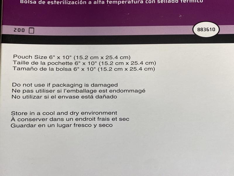 "STERIS 883610 Sterilization Pouch High Temp Heat Seal 6x10 400