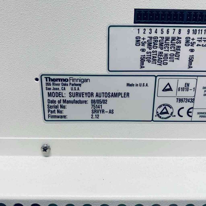 Thermo Finnigan Surveyor Autosampler label with technical details on a white background