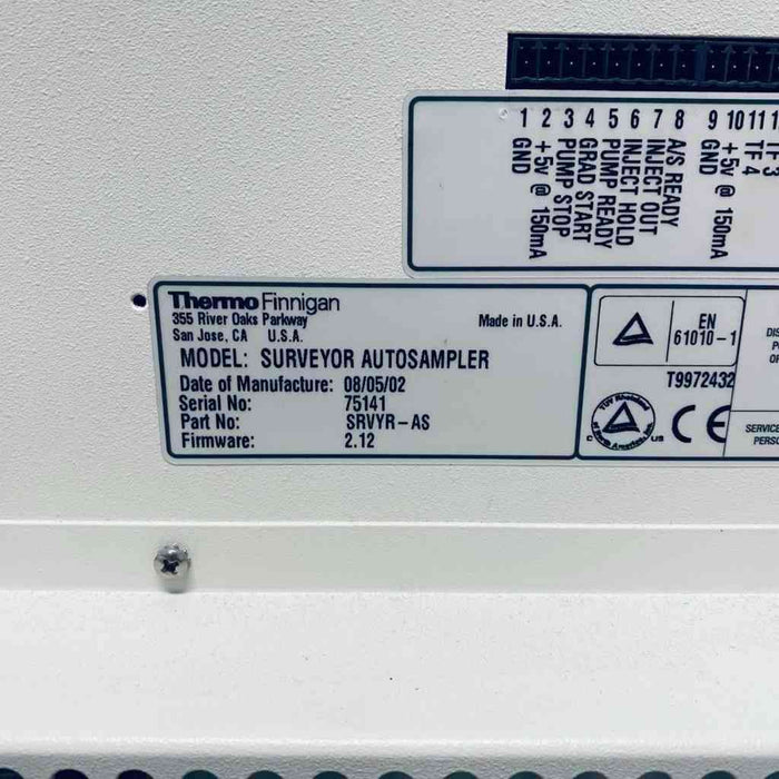 Thermo Finnigan Surveyor Autosampler label with technical details on a white background