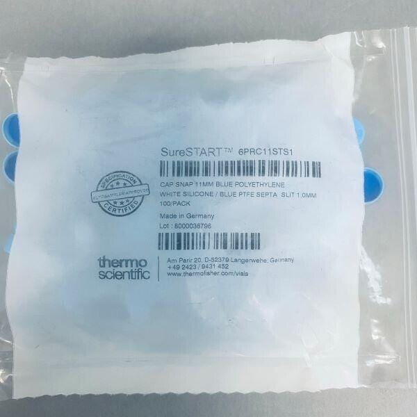 Thermo Scientific Cap SureSTART 11 mm White Silicone Blue PTFE Septa 100 Caps Vials Thermo Scientific