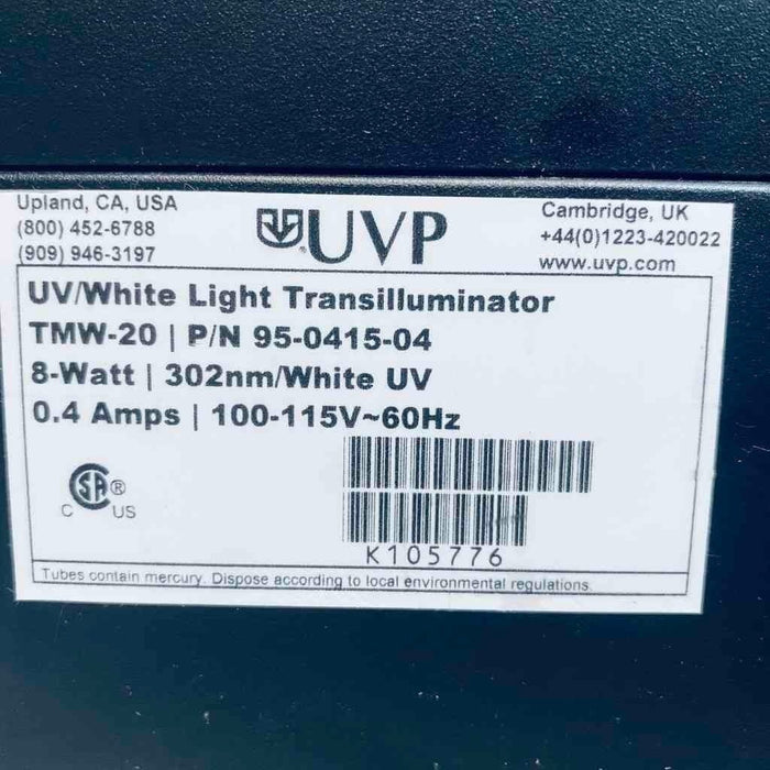 UVP UV/White Light Transilluminator 8 Watt 302 nm White UV 0.4 Amps Light & Lux Meters UVP