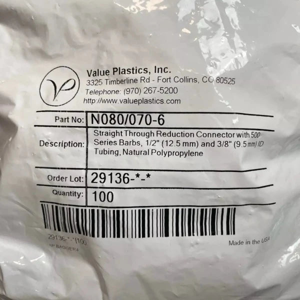 Value Plastics Straight Reduction Connector 1/2 in. to 3/8 in. Pack of 100 Lab Equipment::Pumps, Pump Access. & Tubing Value Plastics