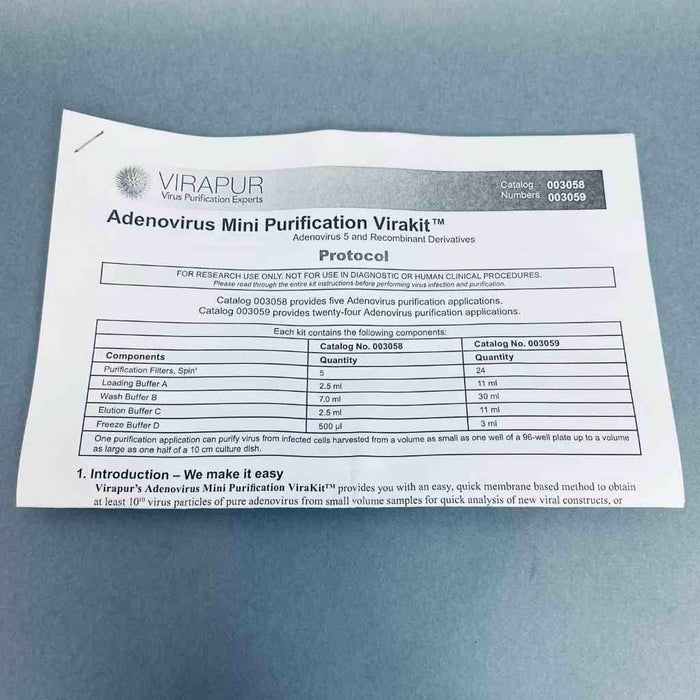 Virapur Adenovirus Mini Purification Virakit for 5 Preps Life Sciences Trading