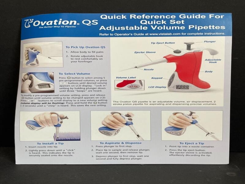 VistaLab QS Ovation Pipette 1000 ul Single Channel Adjustable Volume Pipettes & Pipette Tips VistaLab