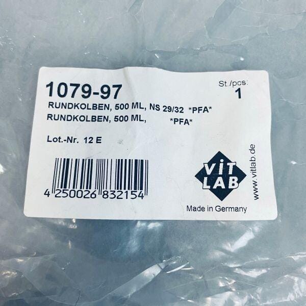 Vitlab Round Bottom Flask 500 ml PFA NS 29/32 Taper Joint Lab Culture Flask VitLab