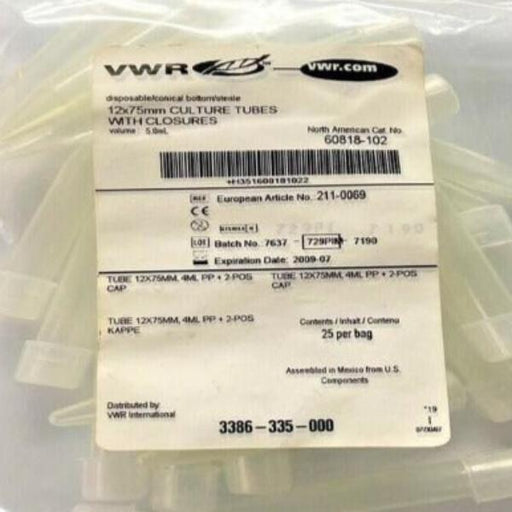 VWR 60818-102 Culture Tubes with Caps 5 ml 12 x 75 mm Pack of 25 Lab Consumables::Tubes, Vials, and Flasks VWR International