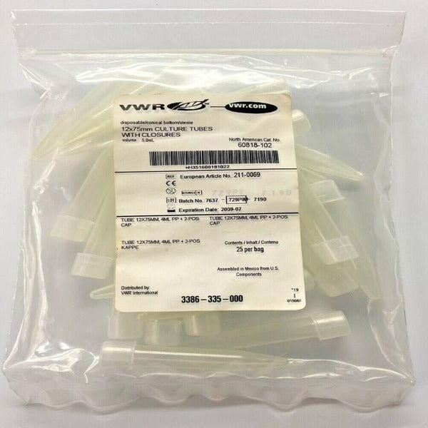 VWR 60818-102 Culture Tubes with Caps 5 ml 12 x 75 mm Pack of 25 Lab Consumables::Tubes, Vials, and Flasks VWR International