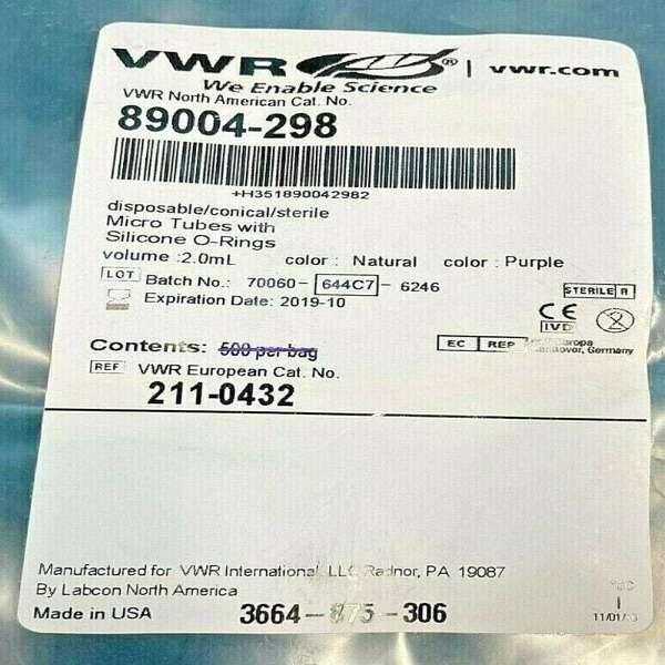 Tubo de centrífuga VWR de 2 ml con tapón de junta tórica, paquete estéril de 50 tubos