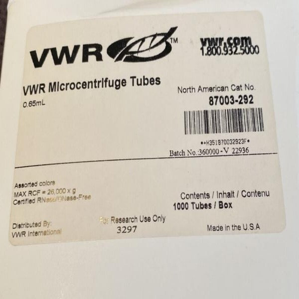 VWR Centrifuge Tube 0.65 ml Assorted Colors Total of 2000 Tubes Lab Consumables::Tubes, Vials, and Flasks VWR
