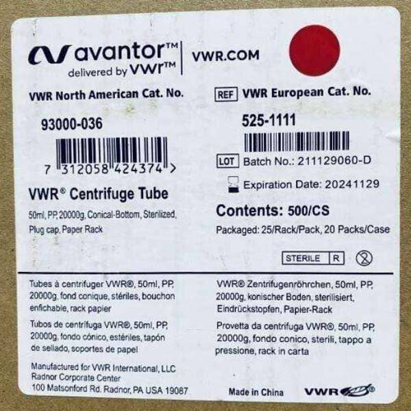 VWR Centrifuge Tube 50 ml Plug Cap 20000 g Case of 500 Conical Tubes Lab Consumables::Tubes, Vials, and Flasks VWR International