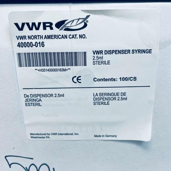 VWR Combi Dispenser Syringe 2.5 ml Individually Sealed Pack of 85 Syringes Pipets & Pipette Tips VWR