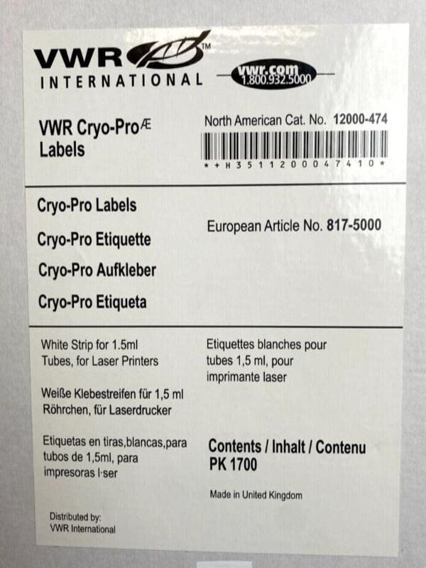 VWR Cryo-Pro White Laser Tag Label for 1.5 ml Tubes Total of 1530 Labels Other VWR