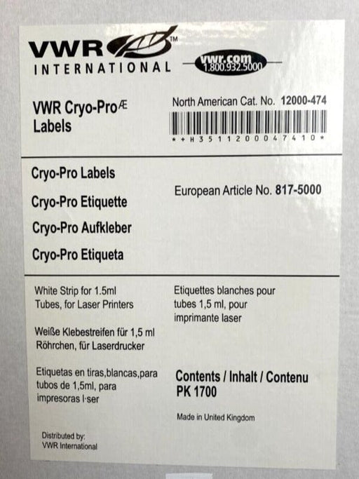 VWR Cryo-Pro White Laser Tag Label for 1.5 ml Tubes Total of 1530 Labels Other VWR