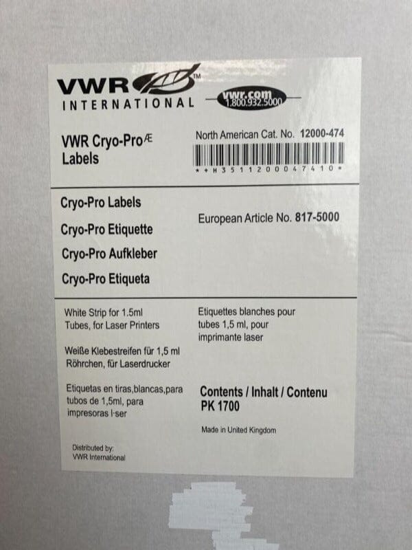VWR Cryo-Pro White Laser Tag Label for 1.5 ml Tubes Total of 1530 Labels Other VWR