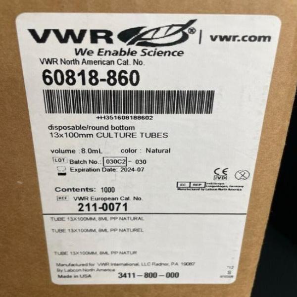 VWR Culture Tube 8 ml Polypropylene 13 x 100 mm 1000 Tubes Lab Consumables::Tubes, Vials, and Flasks VWR