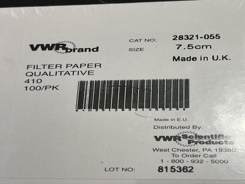 VWR Filter Paper Qualitative Grade 410 7.5cm Sealed 100 Filters