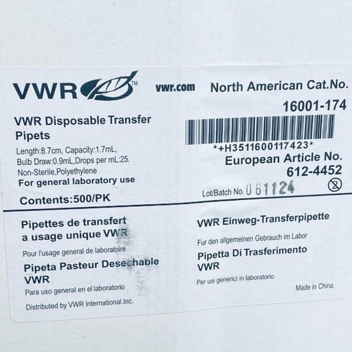 VWR Transfer Pipette 1.7 ml Total of 700 Pipettes Pipettes & Pipette Tips VWR